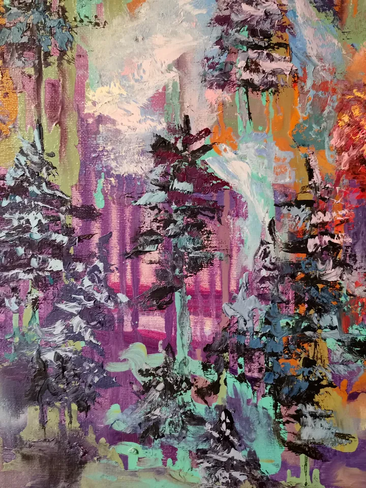 Waterfall Forest Abstract Sunset Impasto Art Large Original Oil Painting Canvas Artist Svinar Oksana