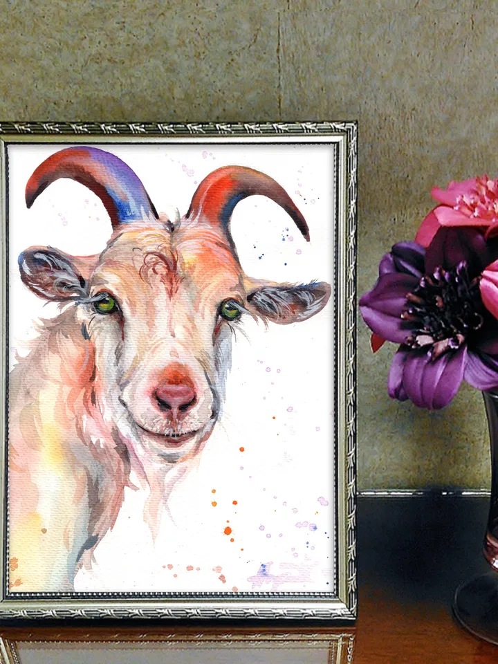 Goat original watercolor, animals painting, wall decor, 7x10 in art for animal lovers by Anne Gorywine