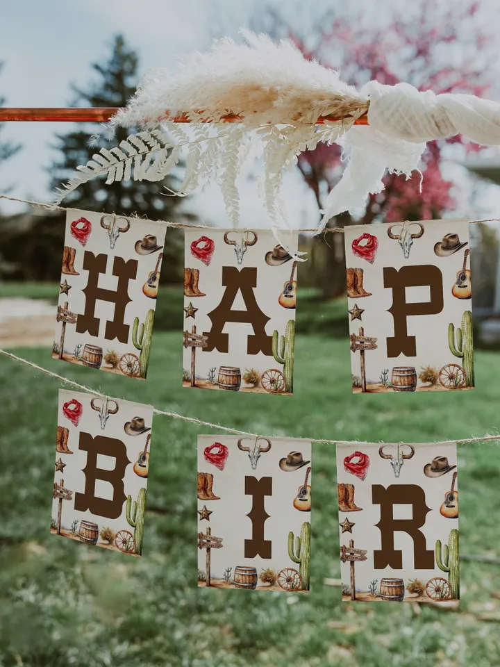 Editable HAPPY BIRTHDAY GARLAND First Rodeo  Birthday party ; Wild West Cowboy Party template; Our little cowboy one Party Birthday; fr12