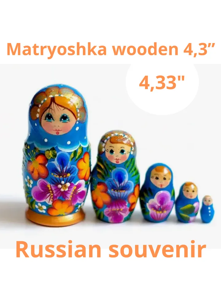 Matryoshka wooden 4,3” souvenir. Set of 5 dolls in 1.