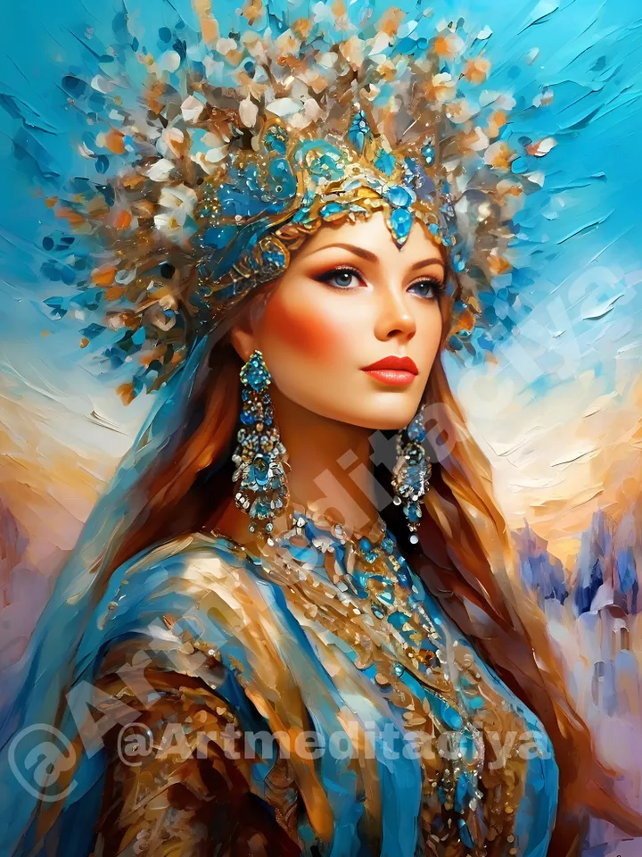 Digital abstract texture painting "Mysterious Russian Beauty" blonde with blue eyes in a luxurious turquoise-blue kokoshnik crown with a veil, in a matching dress with gold on an abstract blue background in the style of palette knife painting, oil