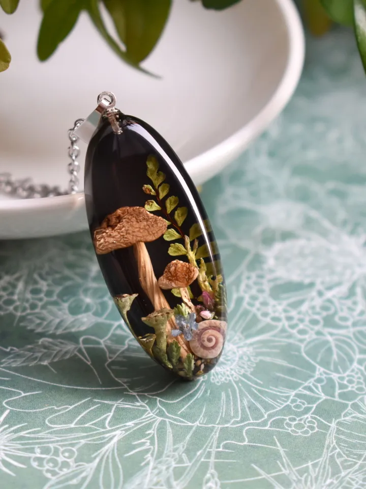 Real mushroom necklace. Pendant with a forest composition. Necklace with dried mushrooms in resin.