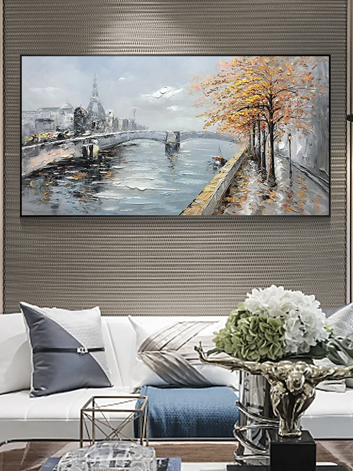 Large Original Oil Painting on Canvas,Abstract Art,Boho Wall Decor,Lake,Trees,Landscape,Bridge,Nature,Living Room Painting, Large Wall Art