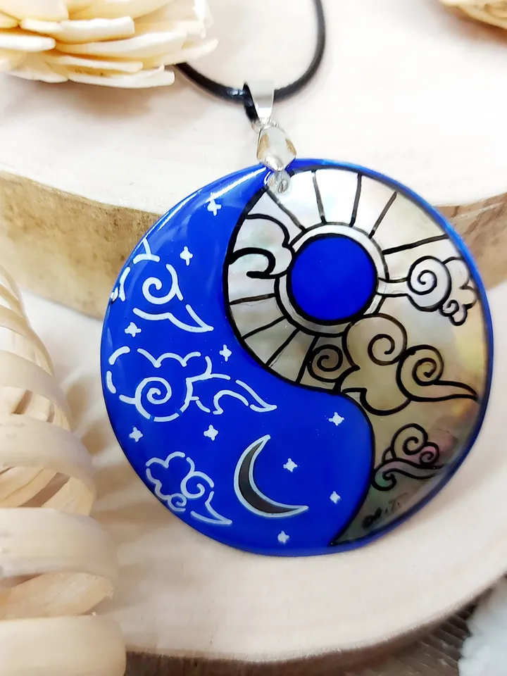 Mother-of-pearl Russian necklace with hand-painted pendant "Yin-Yang. Day-Night" Hand-painted Necklace Pendant