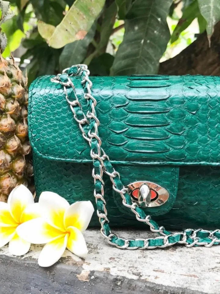 Genuine Python Skin Dark green Crossbody Bag  | Adjustable Chain Classy Elegant snake Small Lady Summer Purse | Designer leather bags