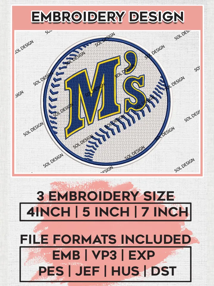 Seattle Mariners M's Logo Embroidery Files, MLB Seattle Mariners Team Embroidery, MLB Teams, 3 sizes, MLB Machine embroidery designs, Digital Download