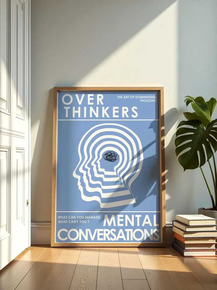 Overthinkers Wall Art Digital Print Retro Style Creativity Poster Eclectic Printable Artwork Trendy Room Decor Instant Download Blue White
