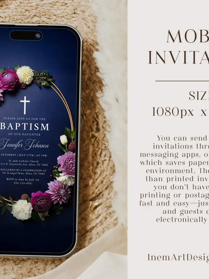 Elegant Floral Baptism Invitation Template – Editable Christening Invite for Boys & Girls, Printable Digital Download