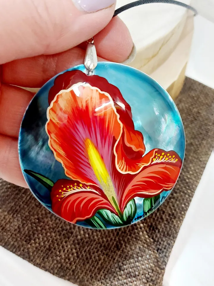 Iris. Flowers of spring. Fans of irises. Hand-painted pendant. Mother-of-pearl. A floral gift. Hand painted miniature painting. Miniature