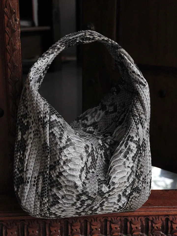 Big Soft Hobo Classy Sport Woman Stitched Bag | Purse Genuine Python Skin | Gray Big Elegant Leather Designer Soft Bag Snake | reptile hobo