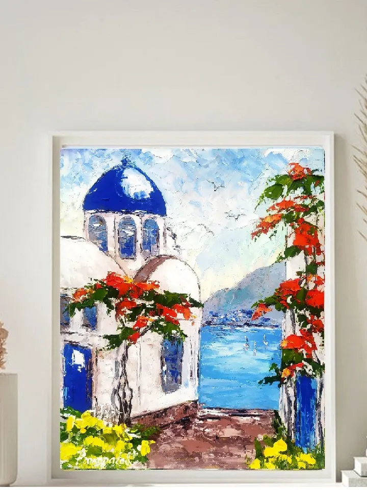 Santorini Painting Greece Original Art Impasto Oil painting 12x10 Greece Wall Art Greece Painting Greek Art Small Painting by ArtProkopaloSv