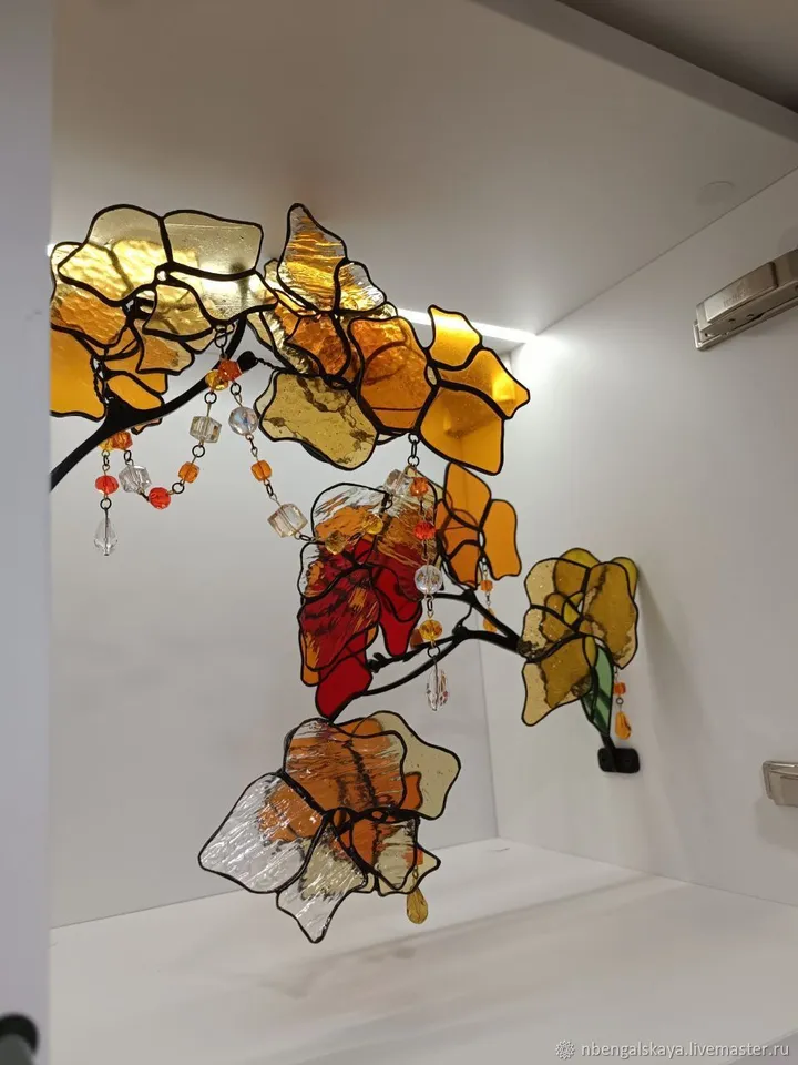 Yellow-Orange 3D Stained Glass Branch, 3D Branch in Yellow and Orange Tones, Handmade Stained Glass Floral Accent, Tiffany Glass Floral Twig in Warm Tones, Multilayer Yellow and Orange Stained Glass Stem, Artistic 3D Glass Flower Composition
