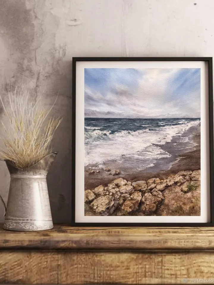 Seascape Original Painting Beach Watercolor Wall Art Clouds and Sea Painting