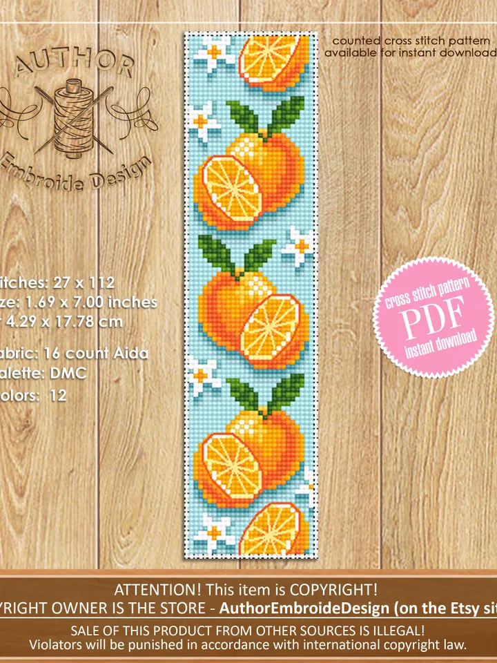 Bookmark set cross stitch pattern download PDF Handmade bookmark pattern digital PDF, Fruit cross stitch Orange pattern, Monstera leaf #B118