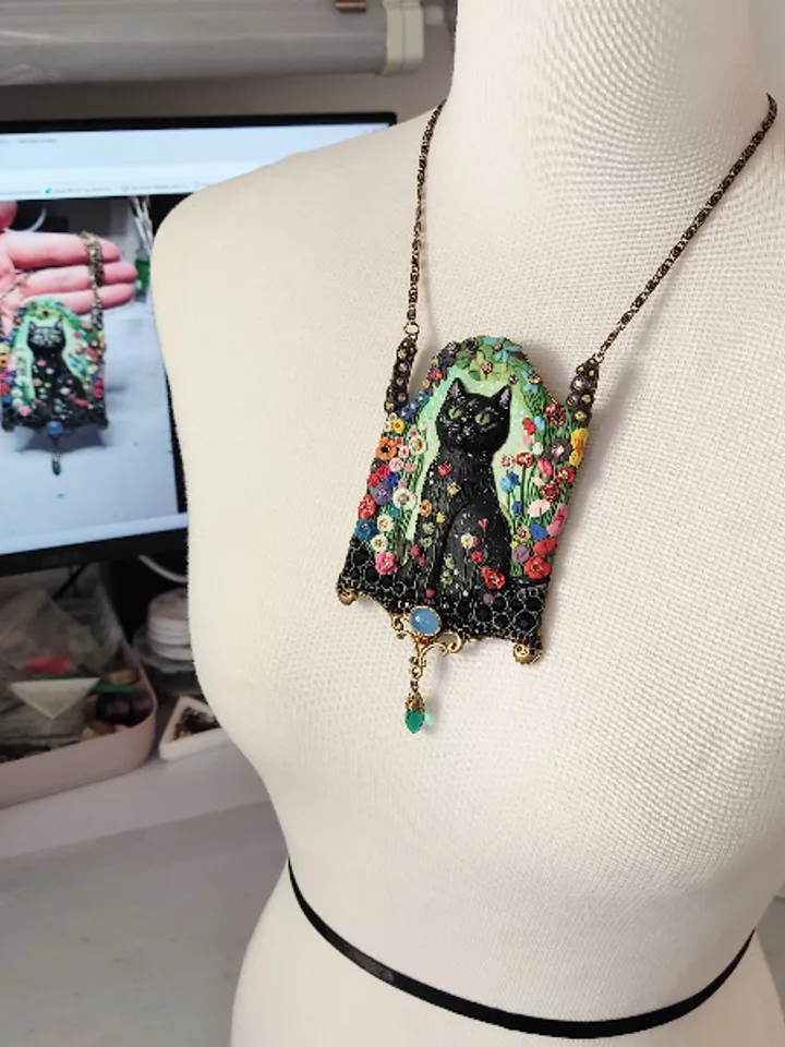 Necklace "Garden cat", cat pendant, necklace with stones, unusual necklace