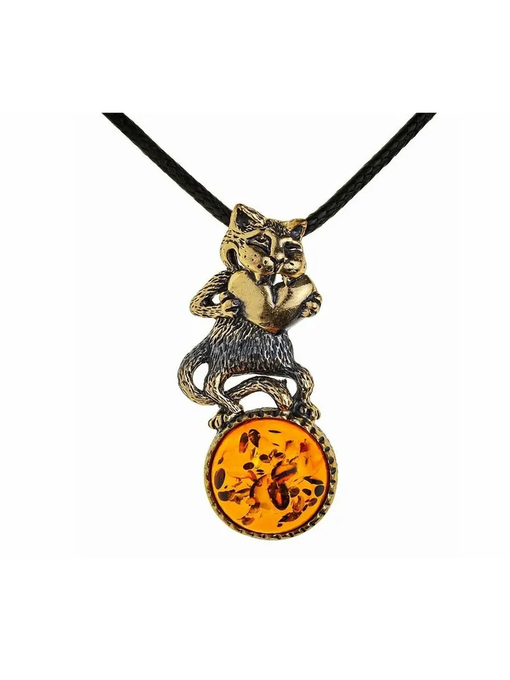 Cat with Heart Necklace Cord Cat Jewelry Gold Tone Brass with Baltic Amber Pendant Jewelry for children women men