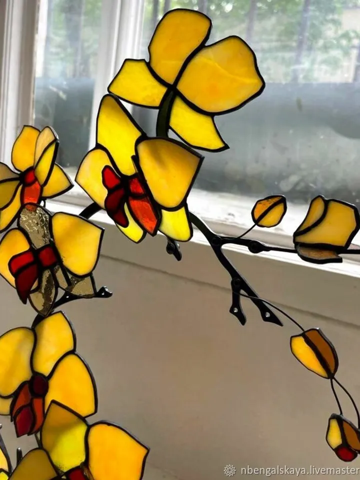 Yellow Orchids Stained Glass. Bouquet in Tiffany Technique, Yellow Orchids. Bouquet in Tiffany Stained Glass Technique, Stained Glass Yellow Orchids, Bouquet in Tiffany Stained Glass Technique