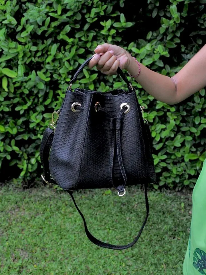 Genuine python skin black bucket crosshandle bag | designer women purse | classy elegant crossbody bag | exotic leather bags | gift idea