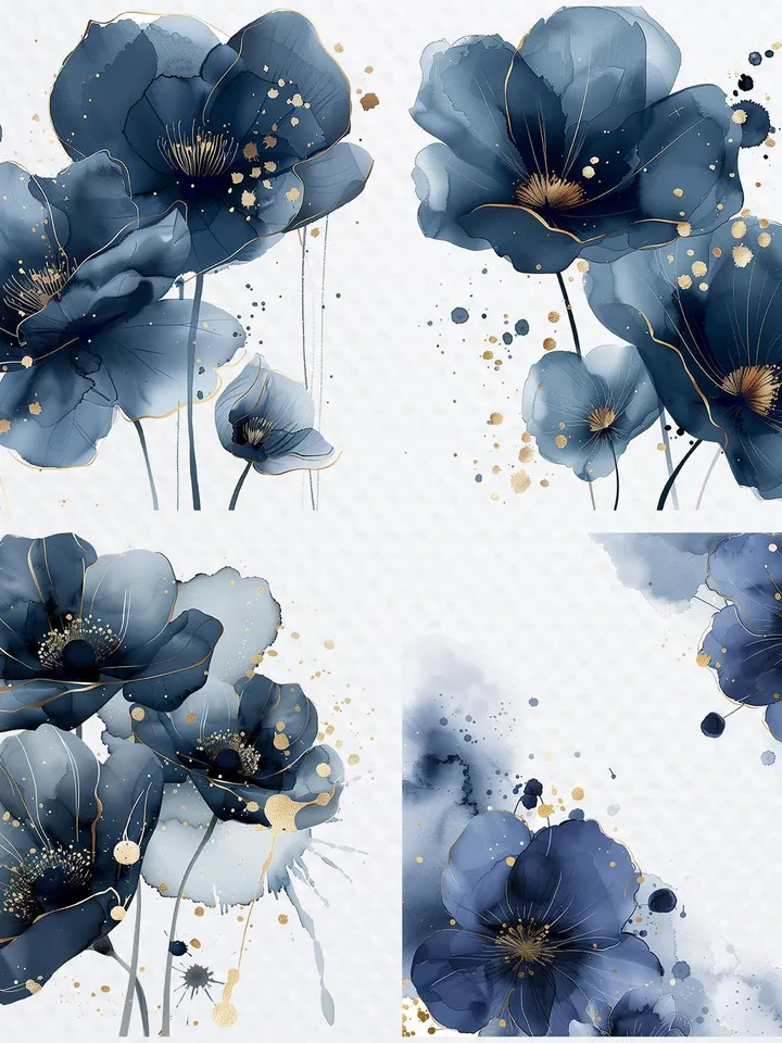 18 Abstract Blue Flowers PNG Bundle, Alcohol Ink Flowers Print Printable Watercolor clipart for sublimation, digital crafting, junk journals