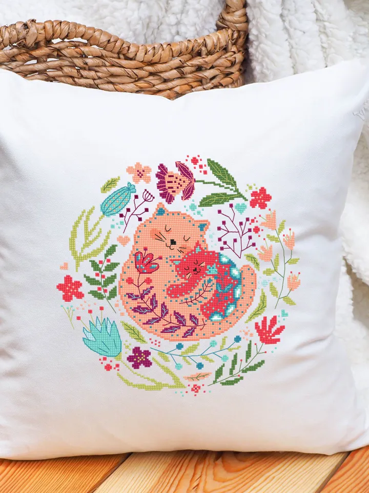 Floral cats cross stitch pattern PDF download Scandinavian folk cross stitch chart Nordic cross stitch Scandinavian ornament embroidery #K25