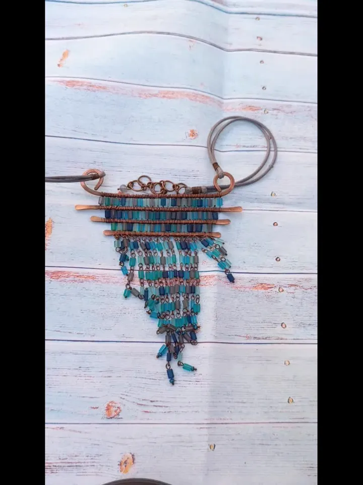 Boho Tribal Copper Necklace with Blue Glass Beads