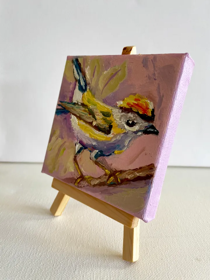 Chickadee Painting, Bird Art Original oil Painting on Canvas, Wildlife Wall Art, Miniature Artwork 4"x 4"