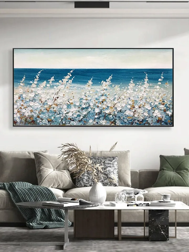 Original Flower Oil Painting On Canvas, Abstract Blud Sea Painting, Boho wall décor, Living Room Wall Art, Heavy Textured Impasto Painting