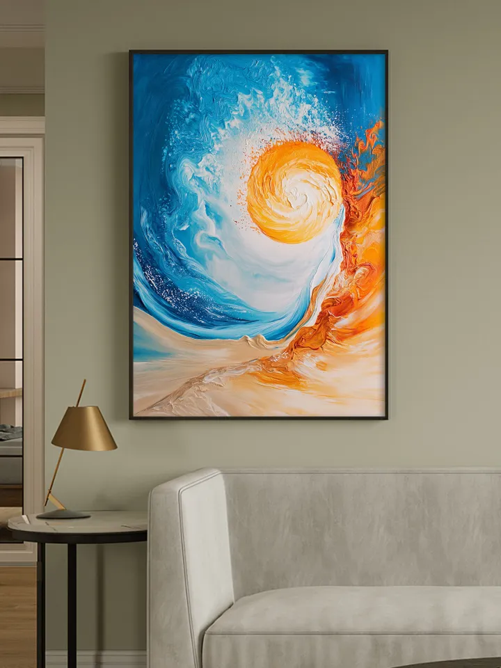 Hand-Painted Abstract Oil Painting | Vibrant Sun and Ocean Art | Stunning Blue and Orange Wall Decor for Modern Living Room