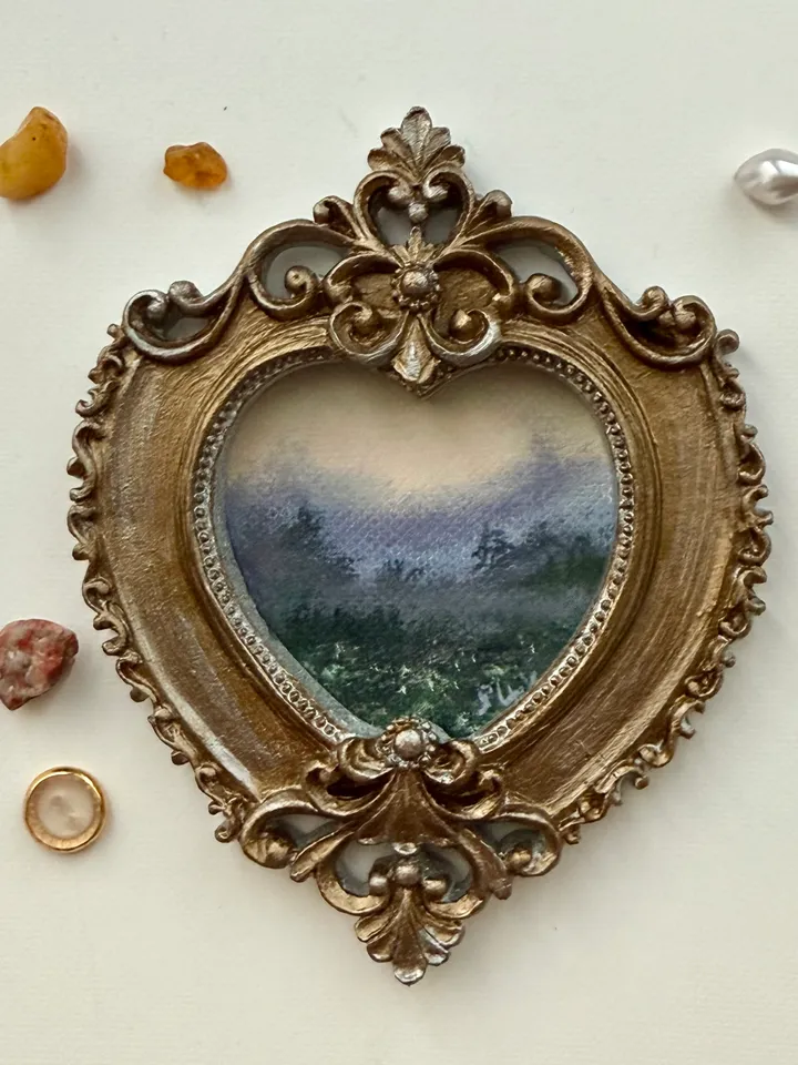 Morning Foggy Field Landscape Painting Original In Vintage Style Frame Small Framed Oval Painting Art