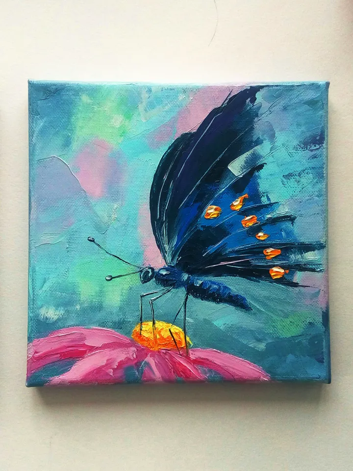 Butterfly oil painting, Butterfly on a flower, Mini painting, Oil painting
