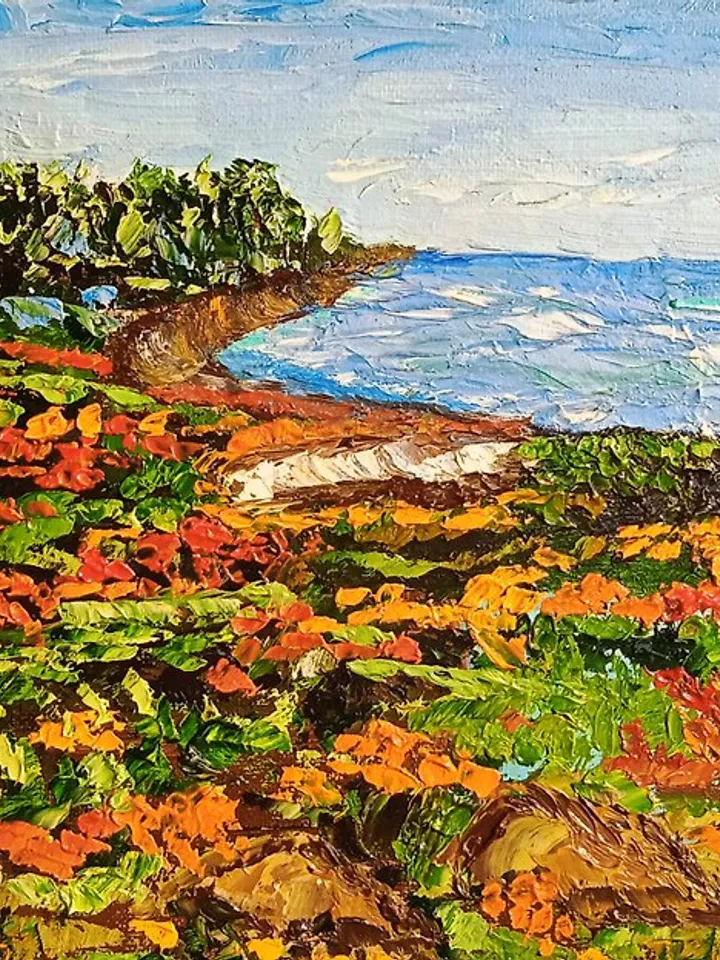 Landscape original oil painting of mountains and wildflowers impasto art