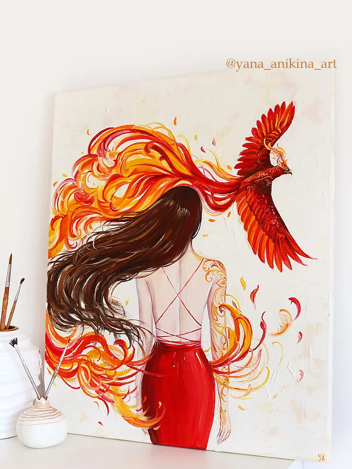 Phoenix Oil Painting on Canvas Phoenix Art Original Phoenix and Woman Artwork Handmade