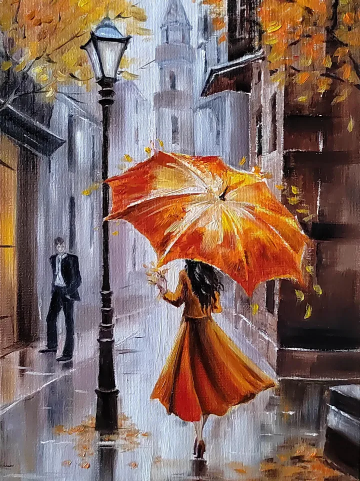 Urban Autumn Artwork Original Oil Painting on Canvas 7.87x11.81 in by ArtCafe