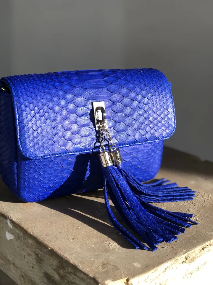 Bright blue Python skin tassel bag | electric blue chain crossbody bag | Leather designer bag | Exotic skin bag | Small crossbody Bag tassel