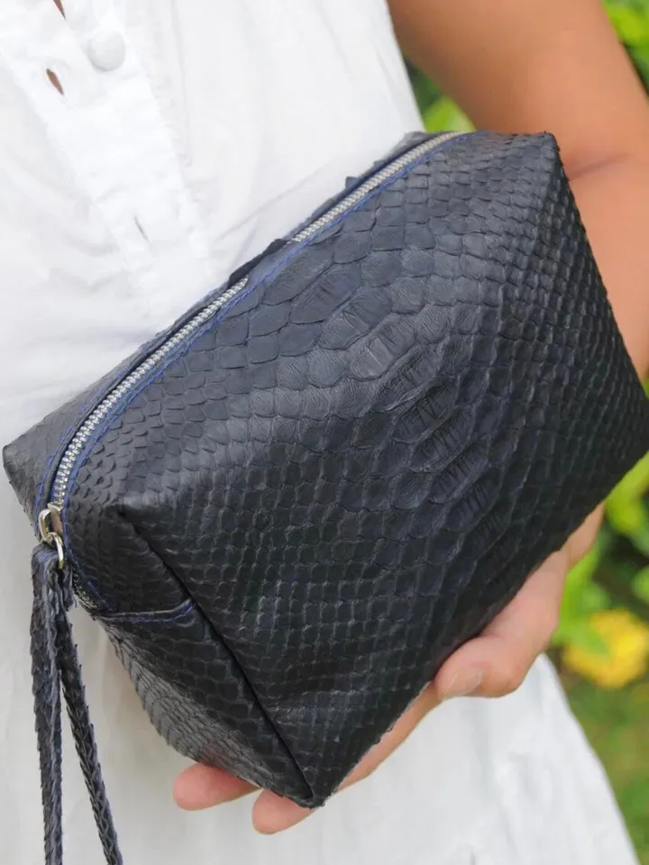 Genuine python skin blue cosmetic bag | travel kit bag | small leather purse | gift idea | small cosmetic unisex bag snakeskin handmade