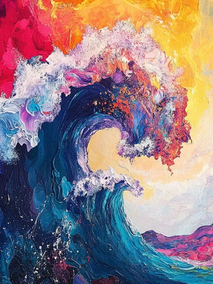 Original Hand-Painted Abstract Oil Painting on Canvas | Colorful Ocean Wave Art | Stunning Red, Blue, Yellow Decor for Living Room or Office