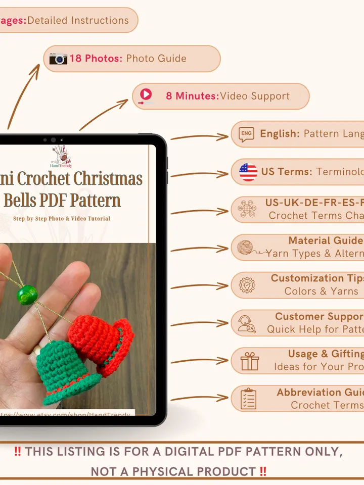 Mini Crochet Christmas Bells PDF Pattern, DIY Tiny Festive Ornaments, Handmade Small Bell Decorations, Holiday Tree Accent Crochet