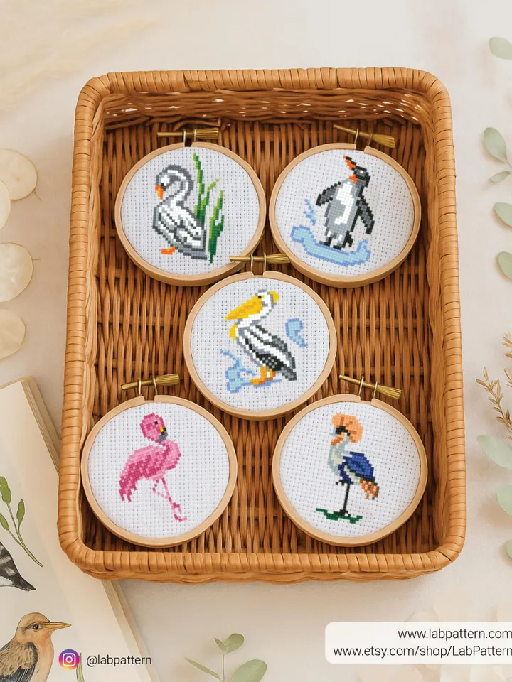 Bundle mini Birds 5 Cross stitch patterns, contemporary, Abstract, 3 inches, beginner, Tiny, modern chart, gift DIY, embroidery, instant PDF