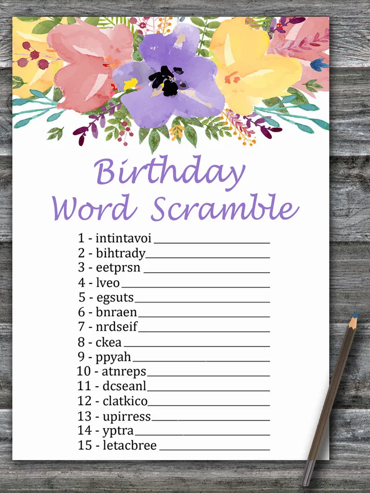 Watercolor flowers Birthday Word Scramble Game,Adult Birthday party game printable-fun games for her-Instant download