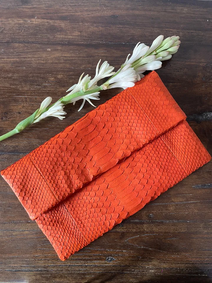 Genuine Python Skin Envelope Orange Clutch | Exotic Leather Bags | Small Classy Handmade Purse | Flat Elegant Evening Clutch| Snake Bag