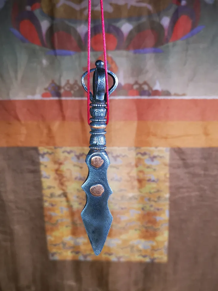Gandhanra Handmade Tibetan Buddhist Ritual Implement - Kila -Dorje Phurba,Manjusri Sword,Made of Cold Iron inlaid with Copper,5.1"