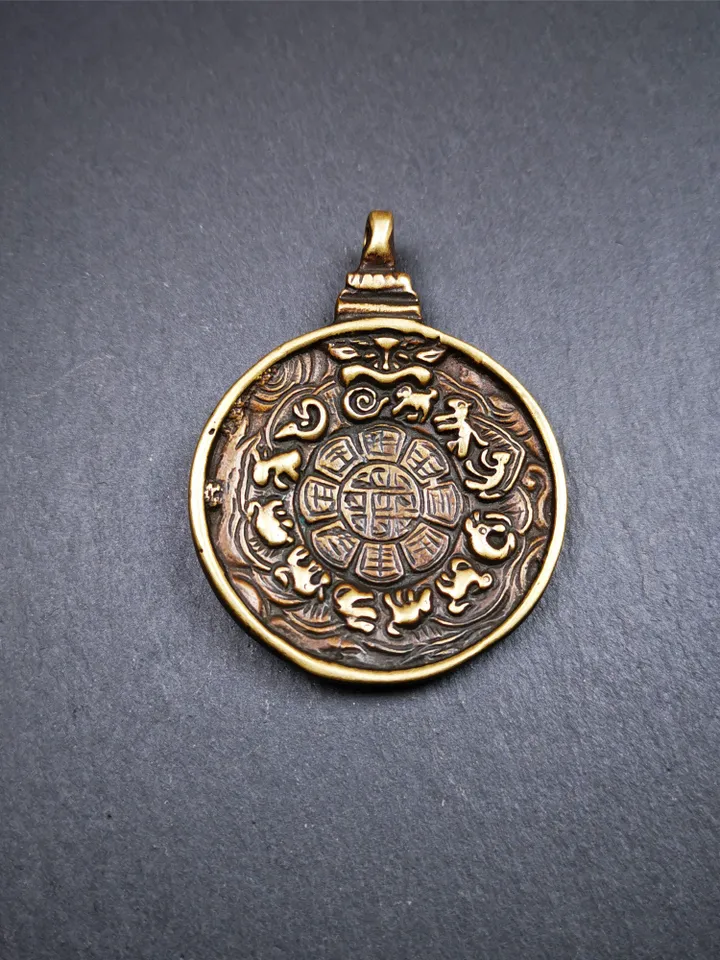 Gandhanra Vintage Tibetan Buddhist Calendar Badge,Manjusri Melong Mirror, SIPAHO Amulet(srid pa ho),Made of Brass,2.28"