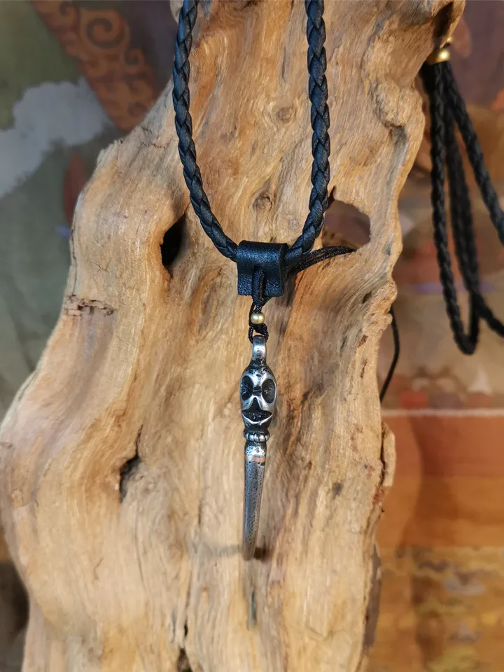 Gandhanra Handmade Tibetan Amulet ,Skull Wolf Tooth Pendant with Leather Cord,Made of Cold Iron inlaid Copper,2.16&quot;