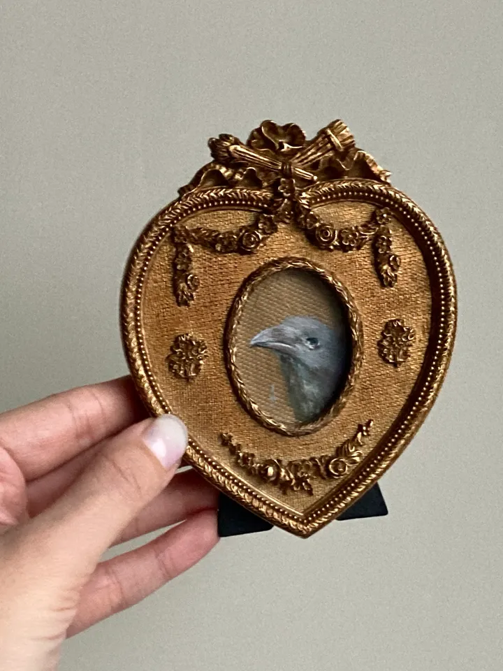 Framed Raven Oil Painting Original Albino Bird Art Dark Cottagecore Art 4x5 Art