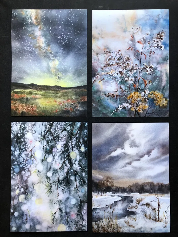 Landscape Watercolor Prints Set of 4 Nature Postcards