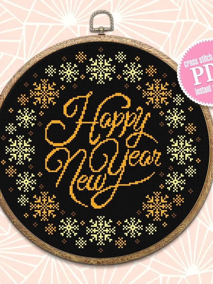 Snowflake wreath cross stitch pattern Happy new year instant download PDF Christmas pattern digital PDF, DIY christmas decor #N41