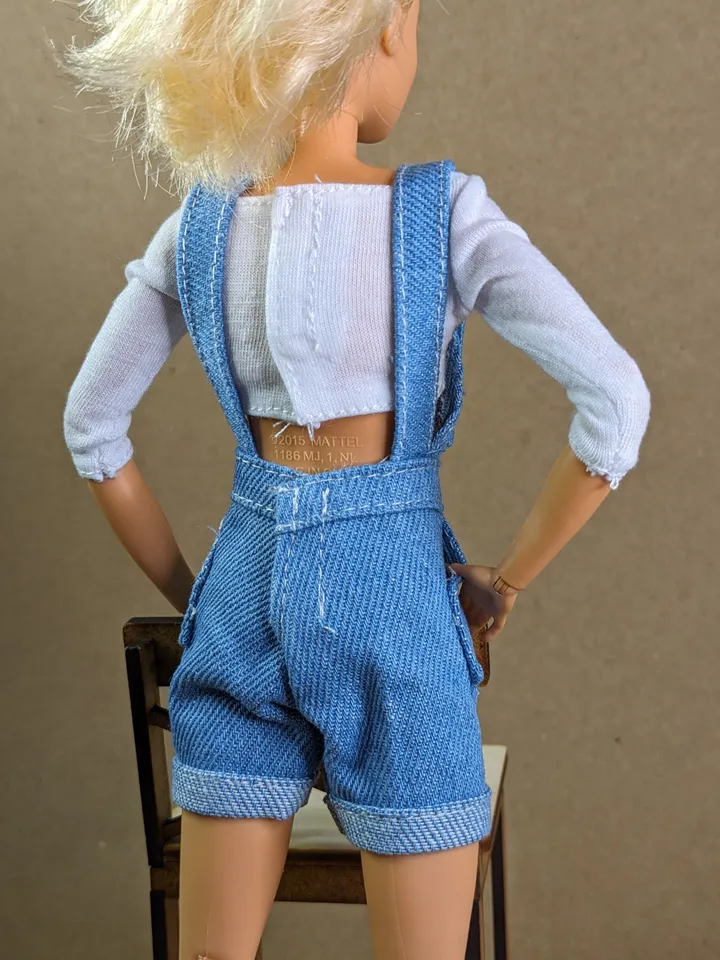 Light blue denim jumpsuit shorts for 1/6 scale fashion female dolls