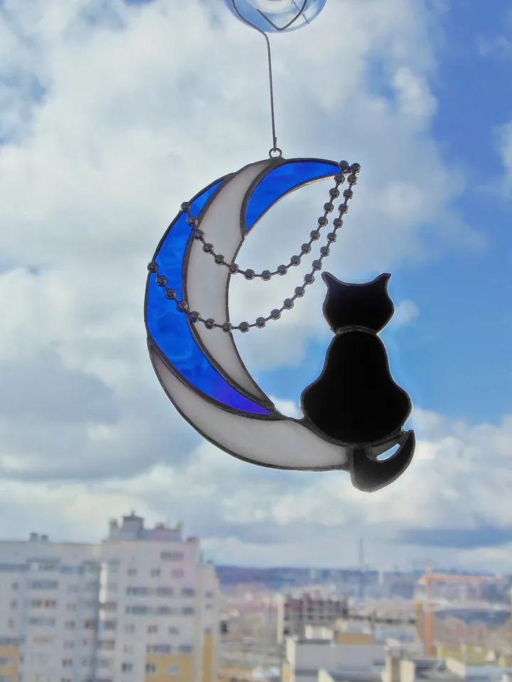 Black Cat On Moon with Chains . Art stained glass hanging Suncatcher . Gift for animal lover , pet loss memorial White , blue and black