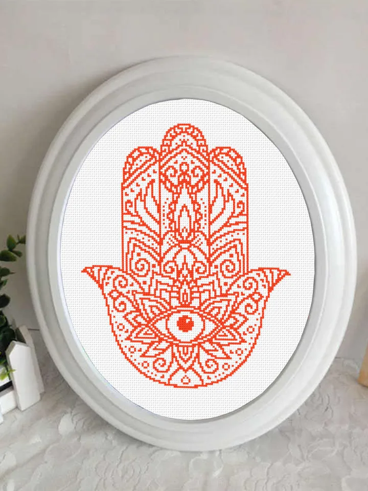 Hamsa hand cross stitch pattern download PDF, Monochrome mandala pattern, Hand of Fatima cross stitch, Evil eye hamsa beginner stitch #M83