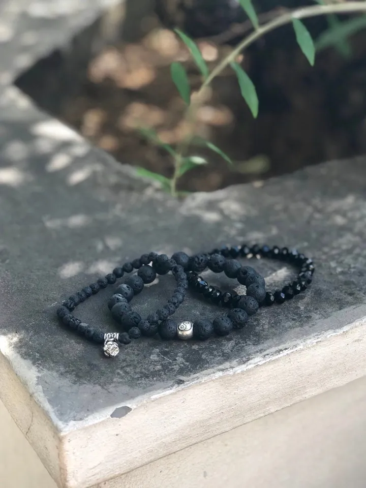 Bracelet Set Women | Set Of Three Genuine Lava Stone and Crystal Handmade Bracelet | Black Bracelet Set | Gemstone Bracelet | Aroma Bracelet